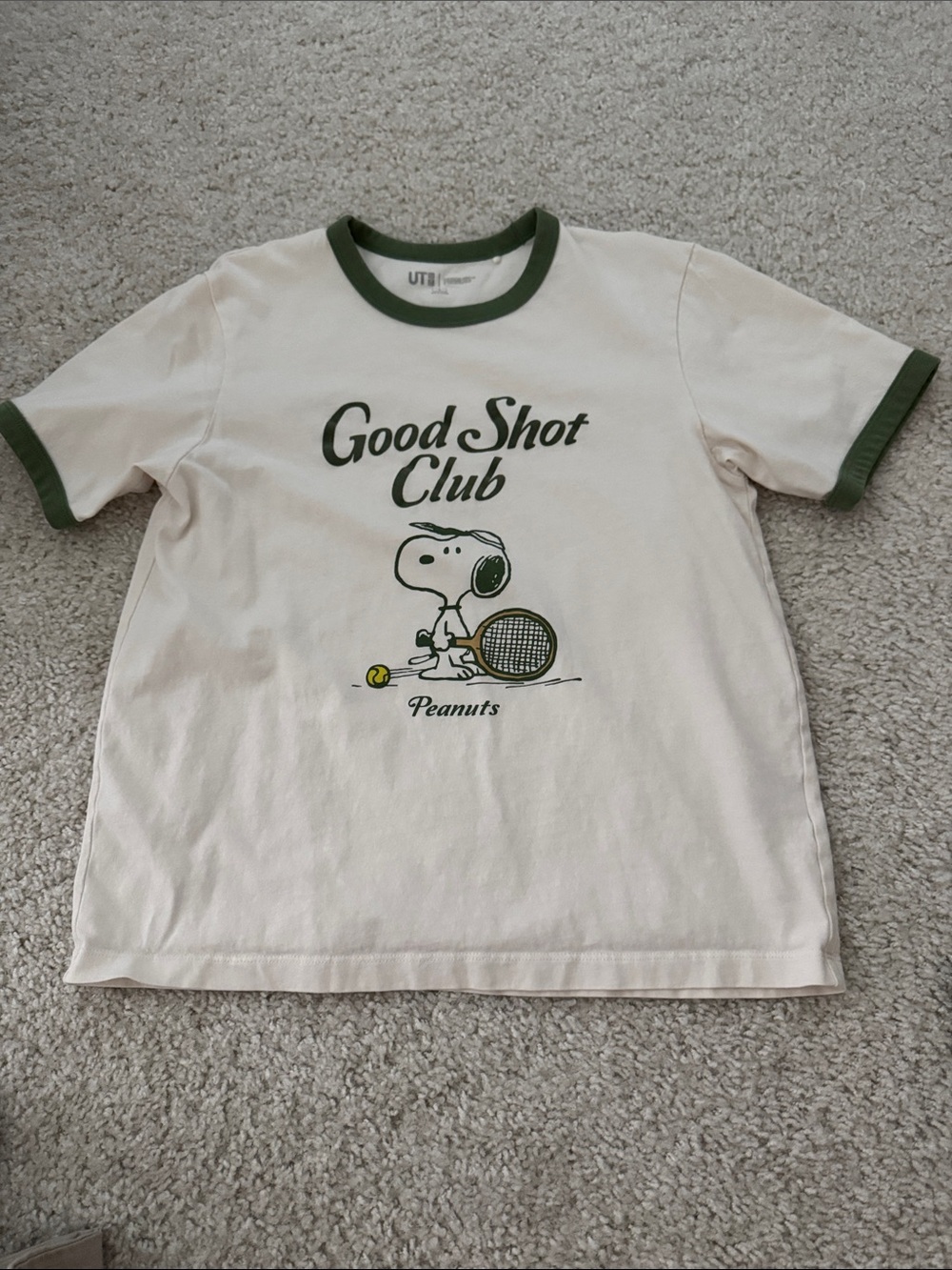 Uniqlo Cream Ringer Tee with Green Trim - Snoopy 'Good Shot Club'